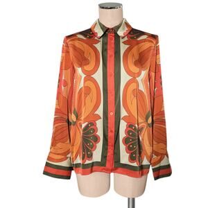 Stunning RACHEL ZOE Retro Vibe Button Up Blouse Top Green Orange M